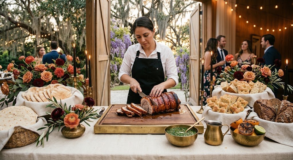 A carver slicing a rolled, glazed porchetta on a brass-trimmed board, with salsa verde, jus, charred citrus and baskets of pita, tortillas, focaccia and soda bread