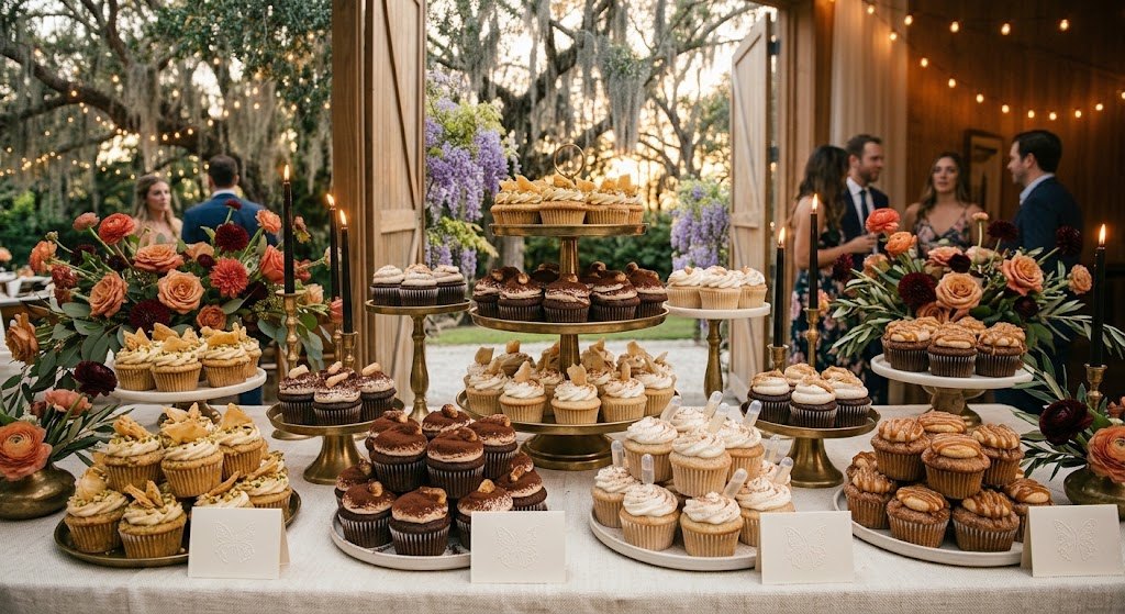 Tiered brass stands of cupcakes in four flavours: baklava, tiramisu, tres leches and churro, with terracotta and oxblood florals and black taper candles